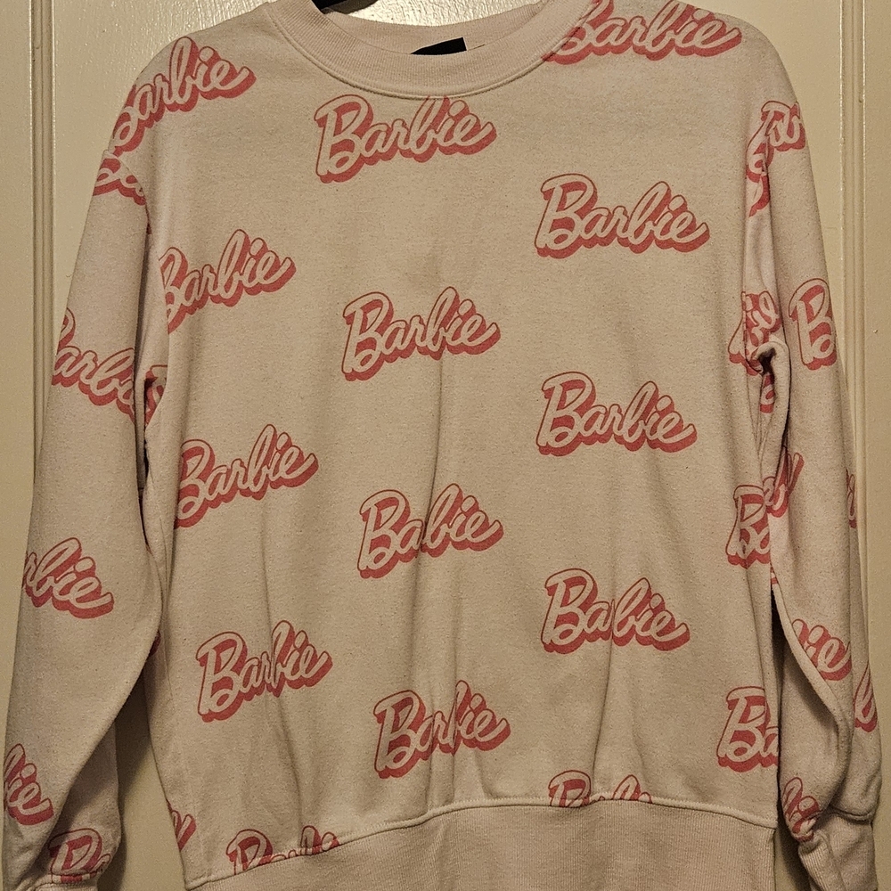 Barbie Logo Cream & Pink Sweatshirt - Barbie Branded Women's Sweater